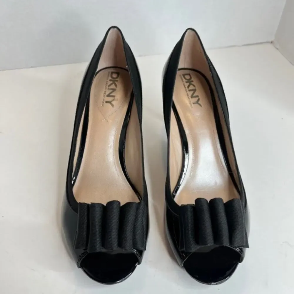 DKNY Black Patent Peep Toe Bow Heels Size 9 Elegant Feminine NWOB